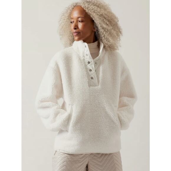 ATHLETA Cozy Sherpa Snap Pullover Sweatshirt White Oversized Filled Women's S - Picture 2 of 11